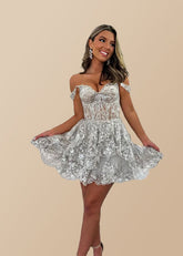 Gold Cocktail Dress Short Lace Cute Off Shoulder With Layered | PromDressClub